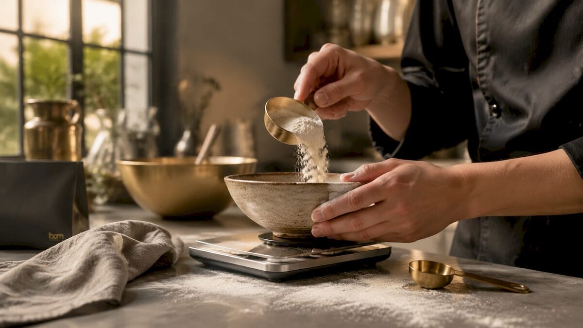 Hands using digital kitchen scale to weigh flour
