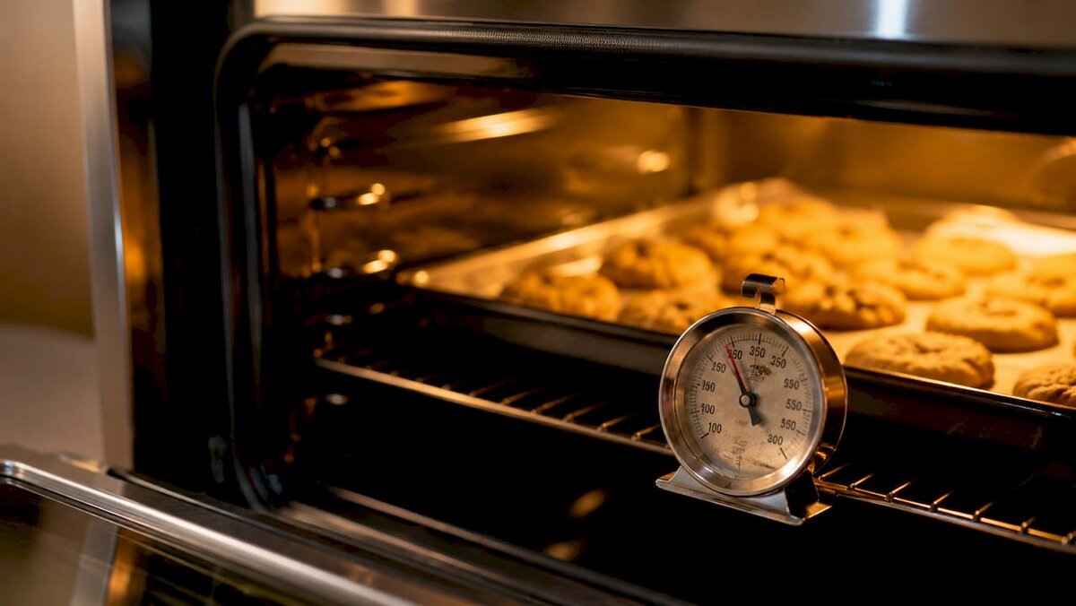 Oven thermometer showing temperature in home oven