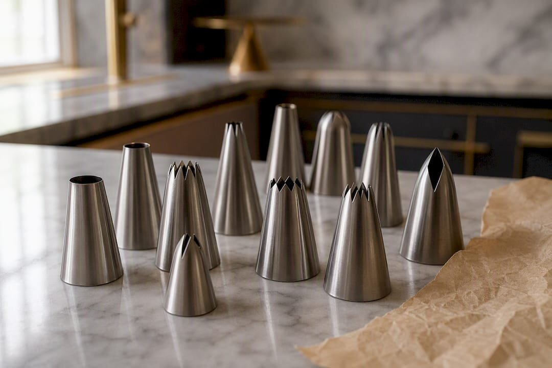 Various stainless steel piping tips on countertop