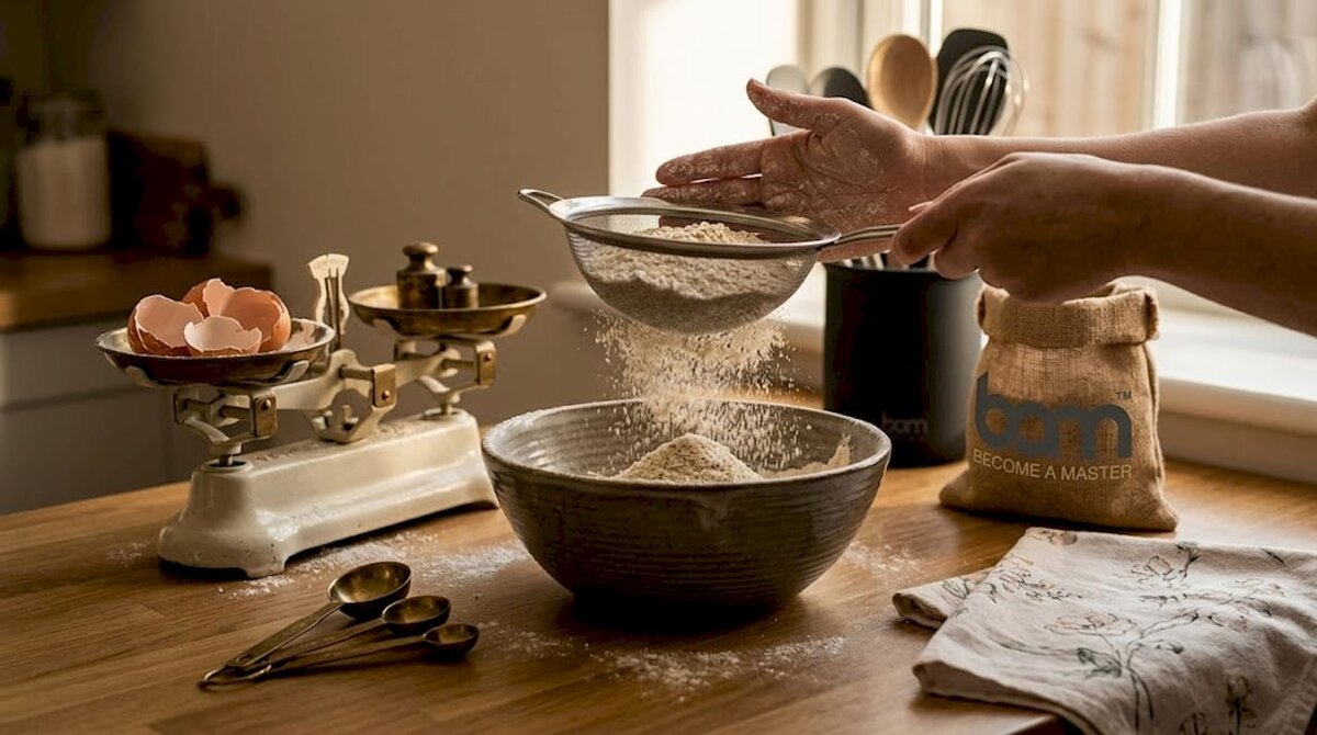 Close-up sifting almond and oat flour