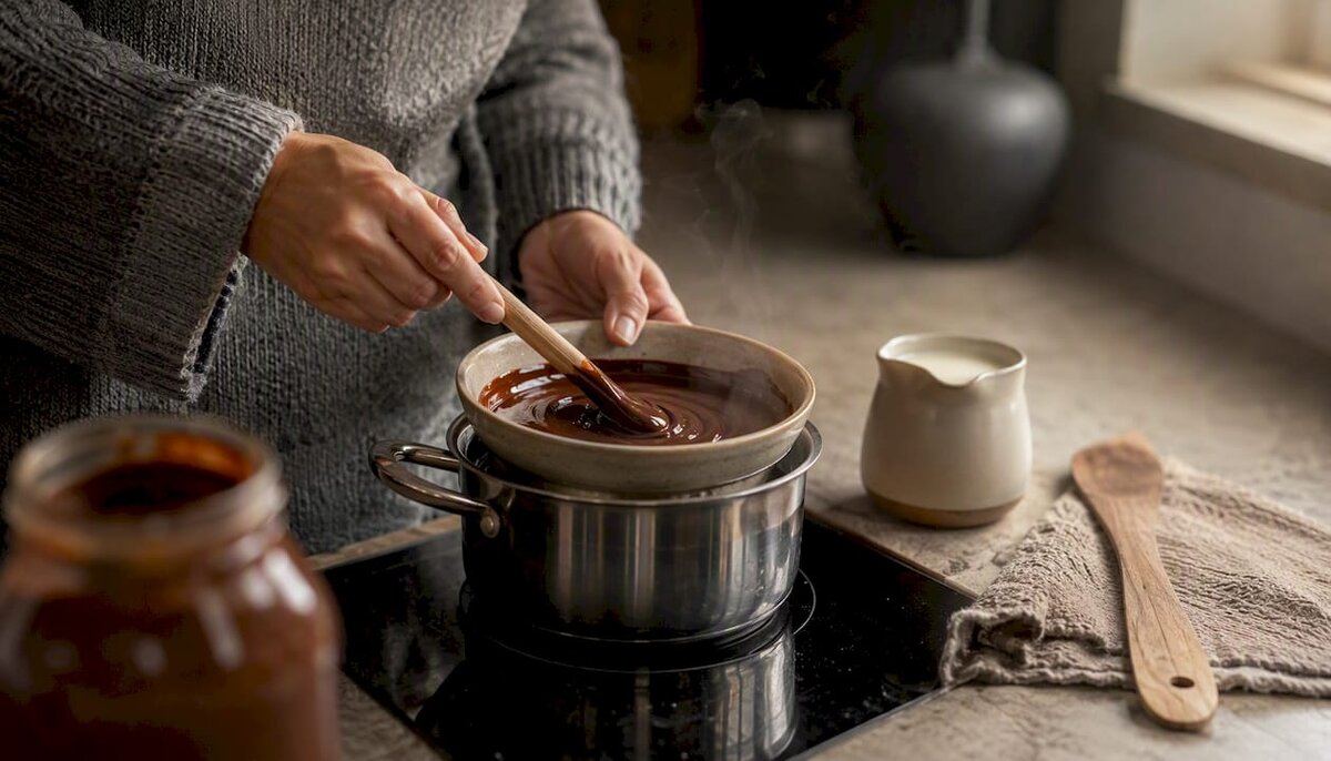 Stirring nussnougat creme ganache over bain-marie