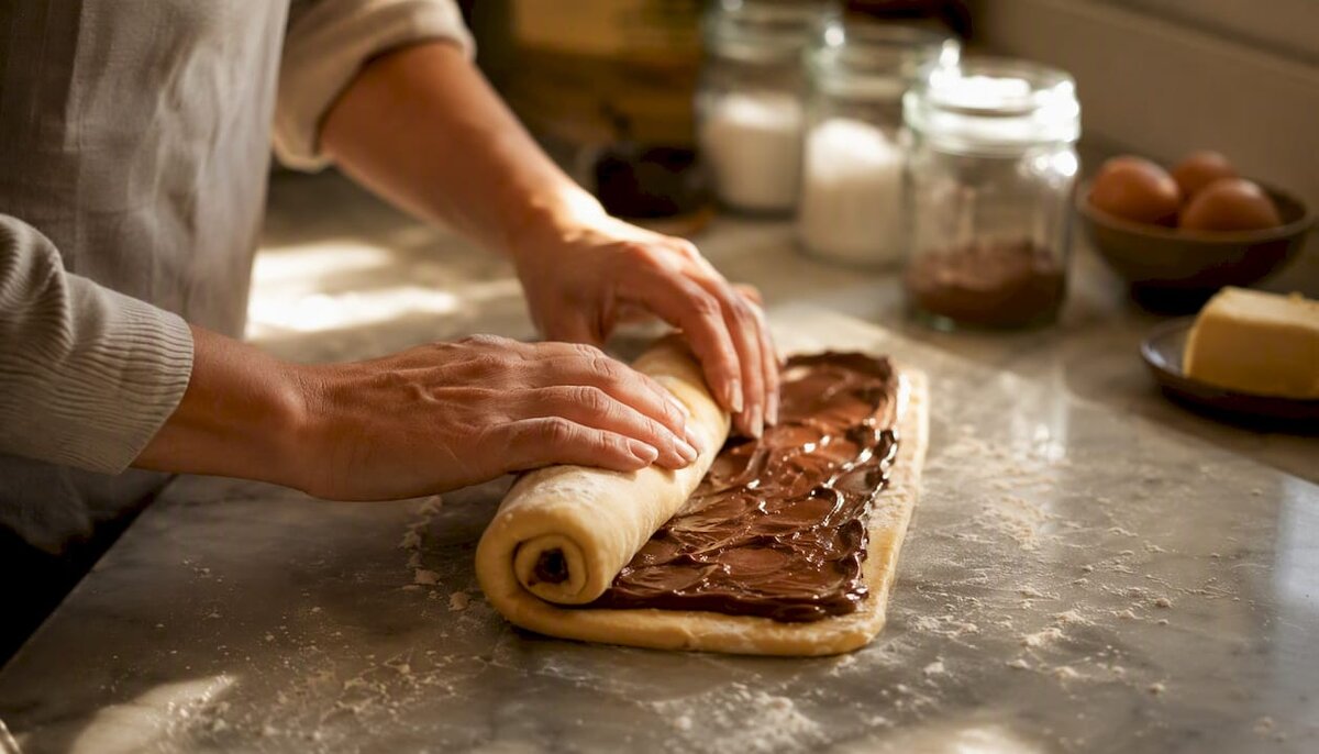 Hands rolling brioche dough with nussnougat creme filling