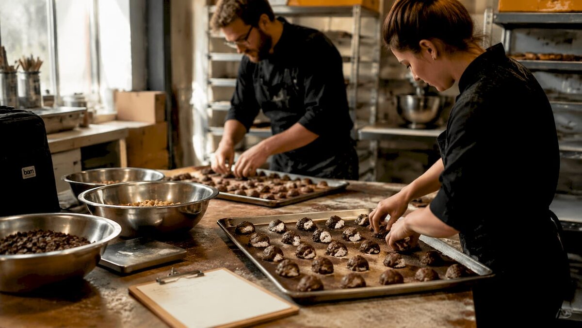 Hands preparing batch orders for baking