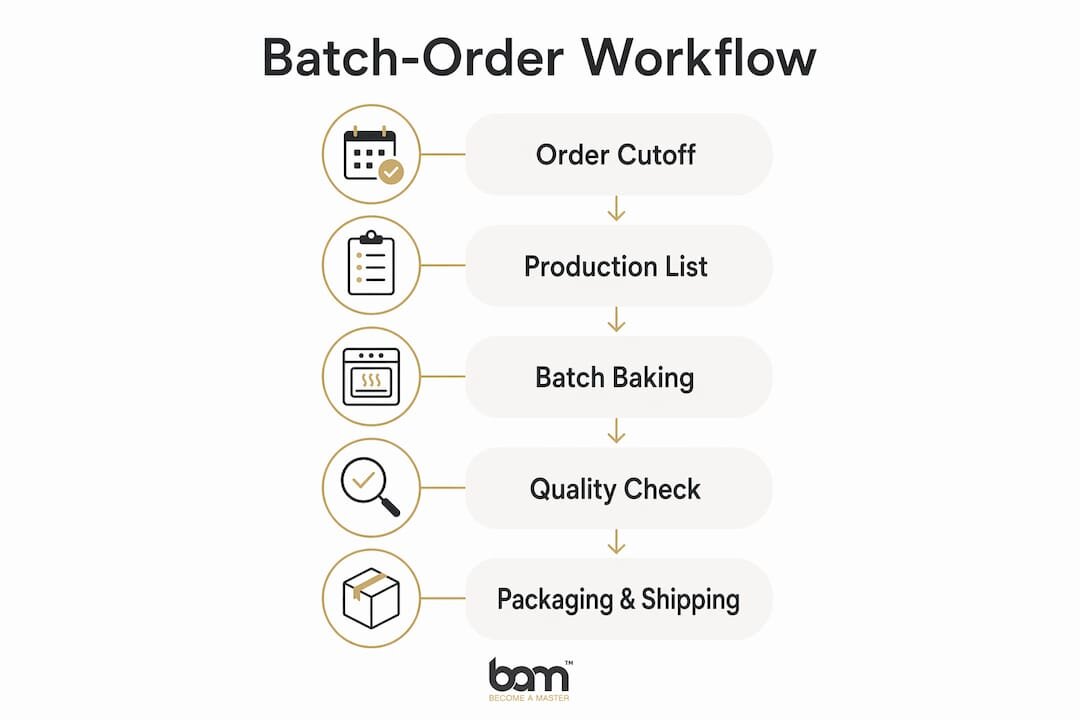 Vertical flow infographic of batch-order workflow steps