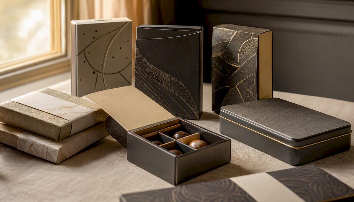 Assorted types of chocolate gift packages