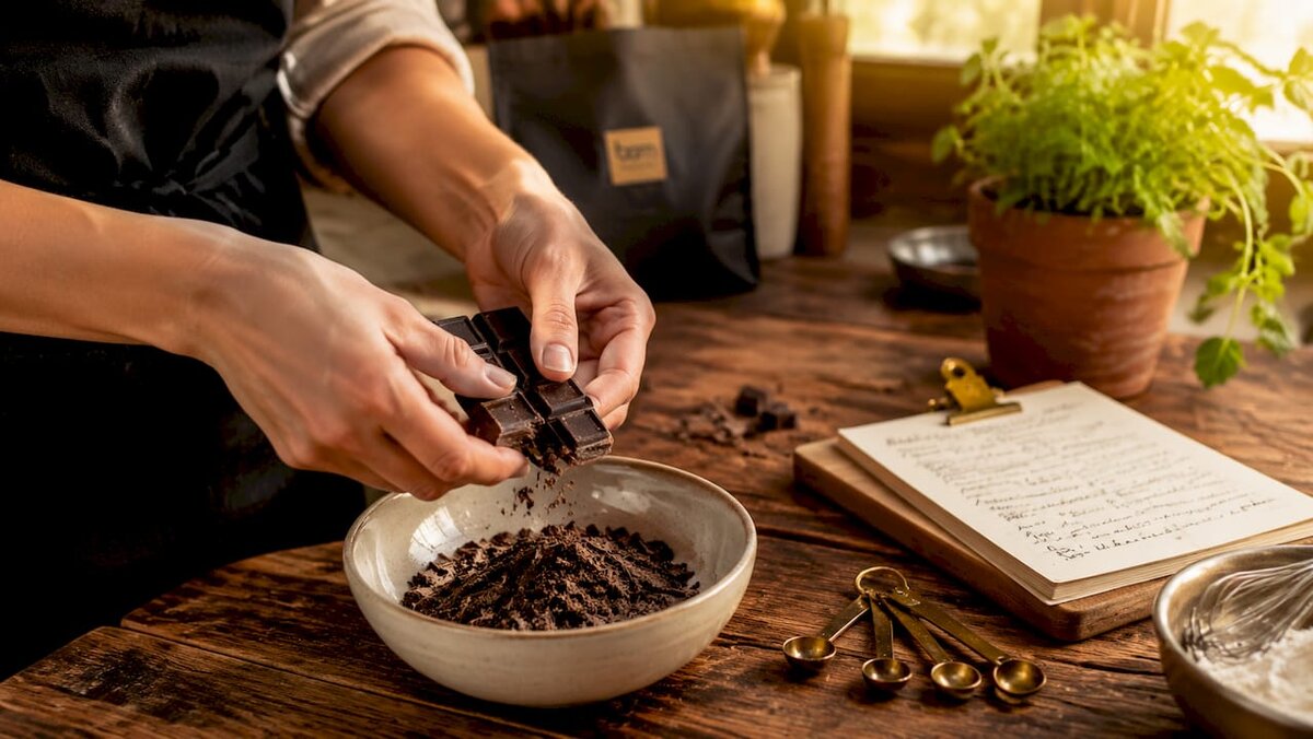 Hands holding unsweetened baking chocolate block