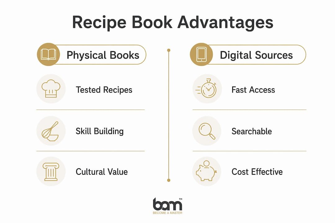 Infographic comparing physical cookbooks and digital recipes