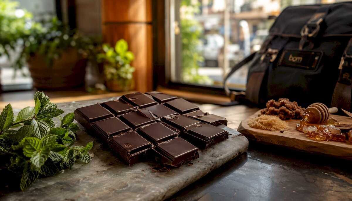 Close-up high-cocoa dark chocolate squares