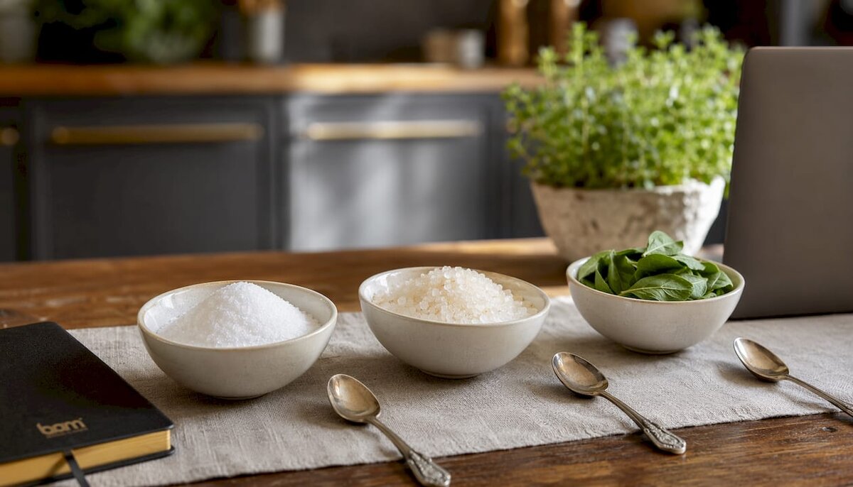 Various keto sweeteners in glass bowls