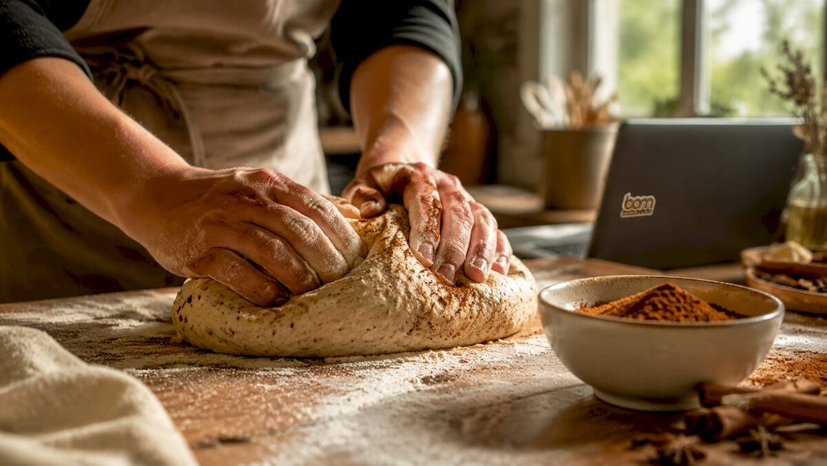 Hands sprinkling organic spices on dough