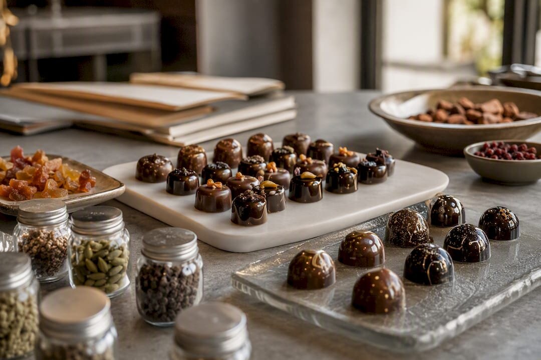 Artistic modern praline assortment with ingredients