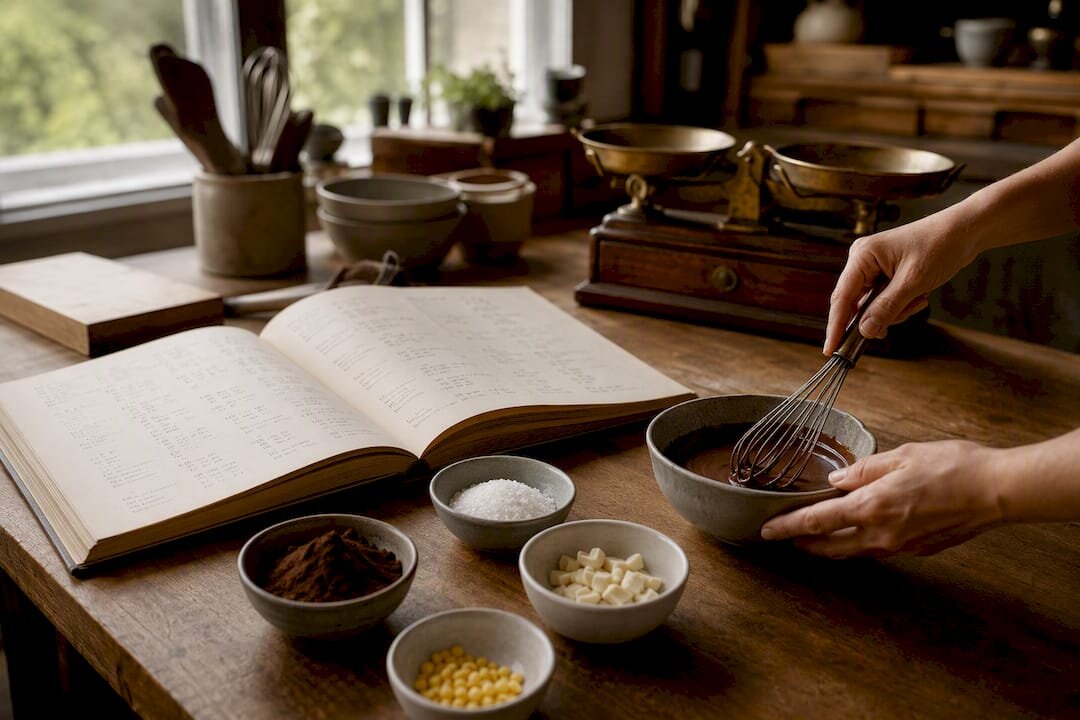 Technical baking formula scene with ingredients and book