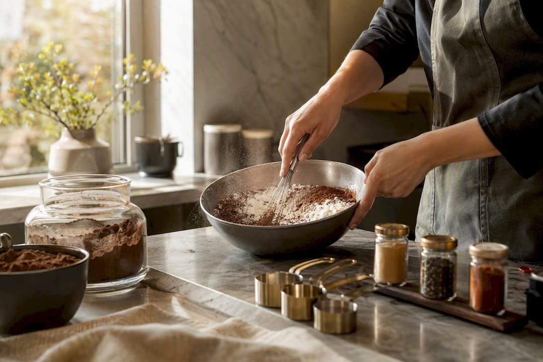Hands sifting flour and cocoa powder