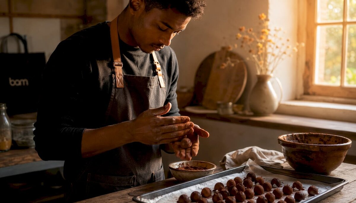 Hands rolling chocolate truffles on countertop