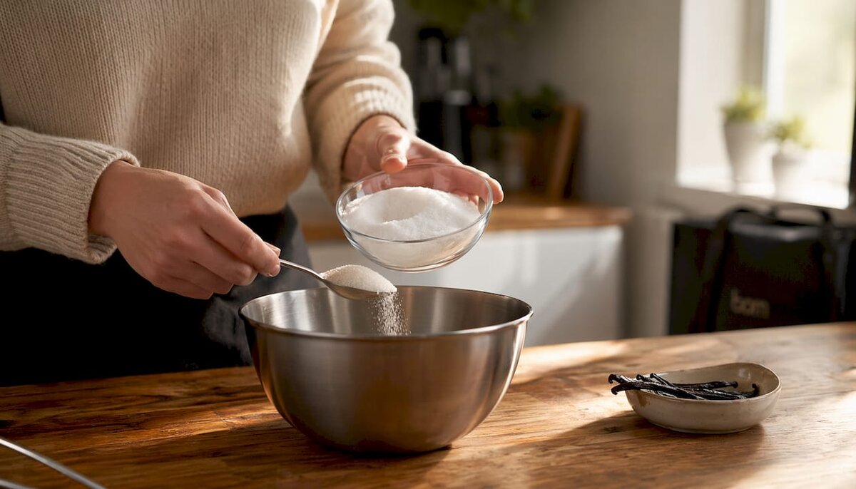 Close-up of hands adding sugar alternative