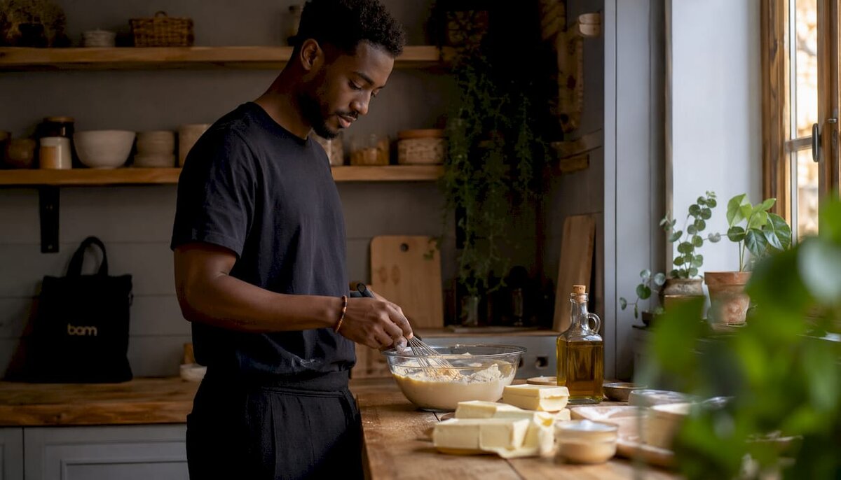 Man whisking dairy-free batter in café kitchen