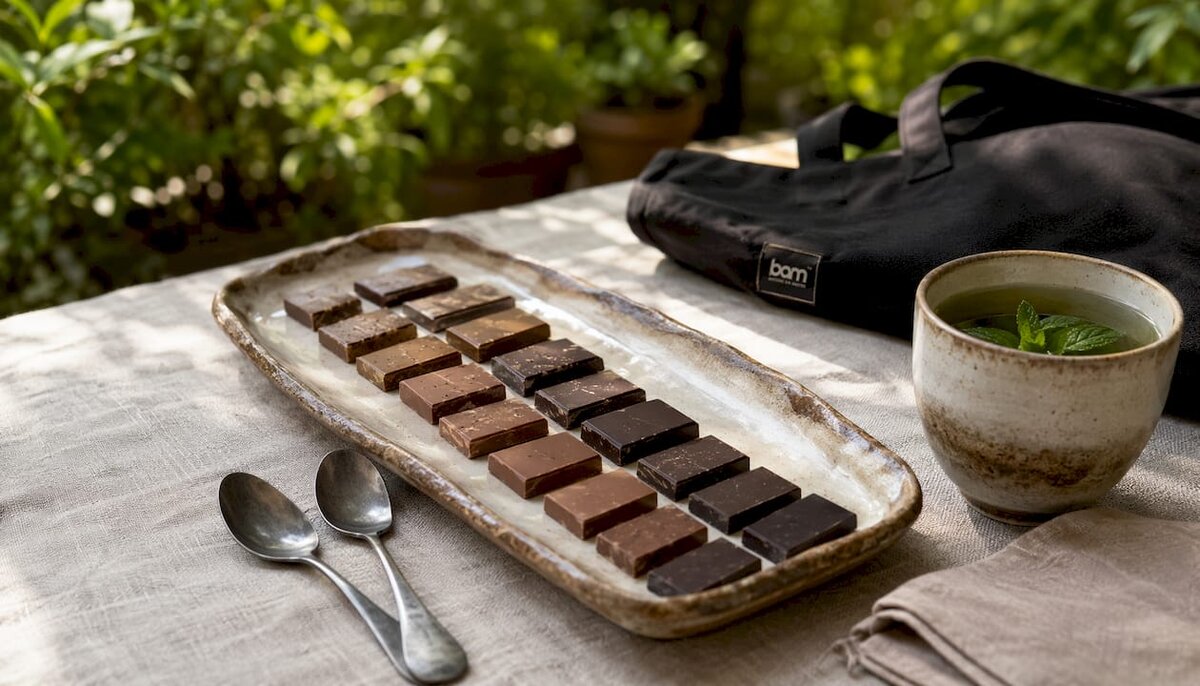 Close-up of portioned chocolate tasting tiles