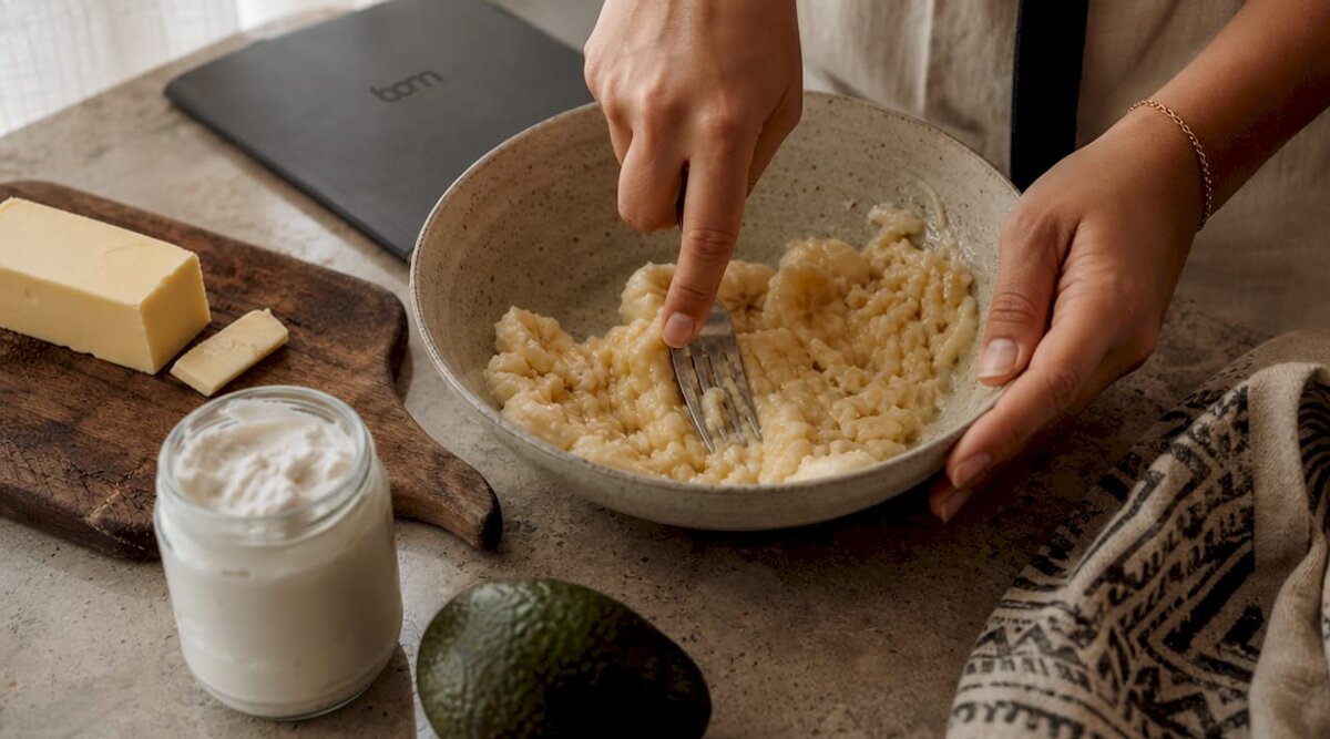 Hands mashing bananas for fat substitutes