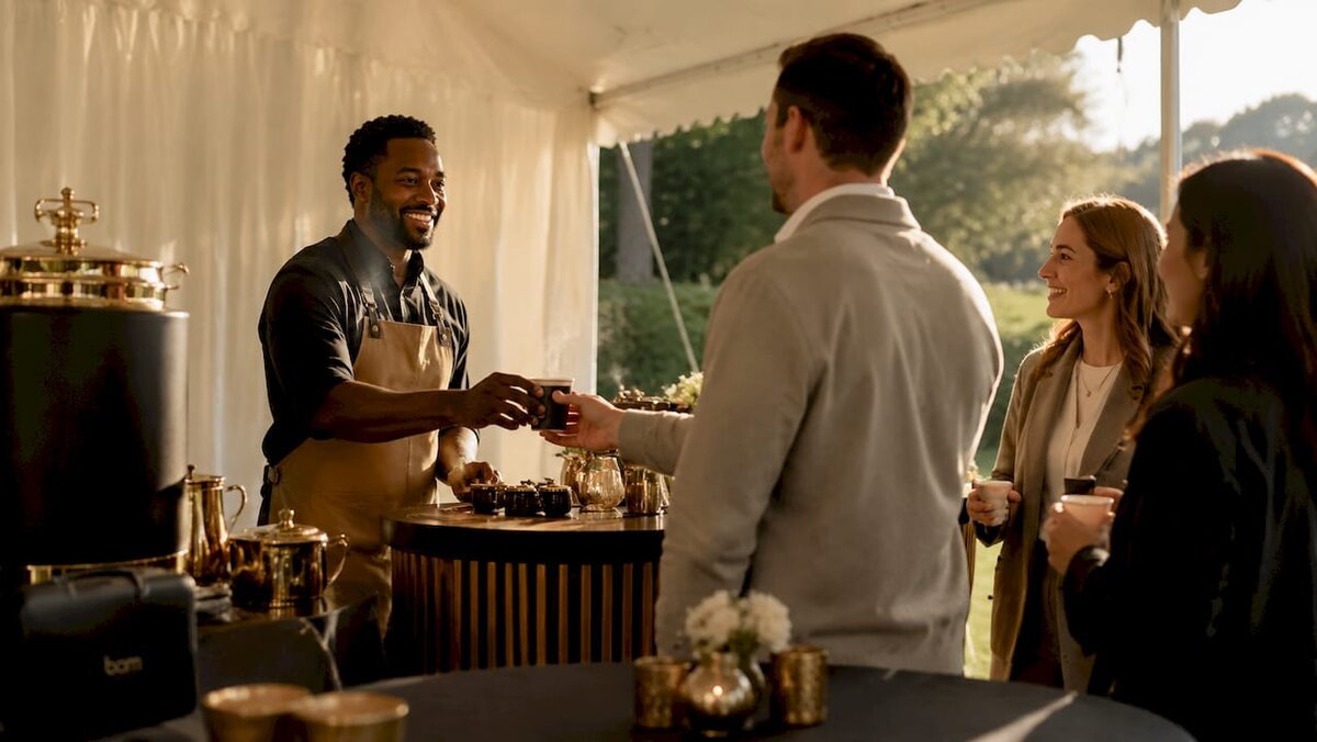 Outdoor mobile chocolate catering station serving guests