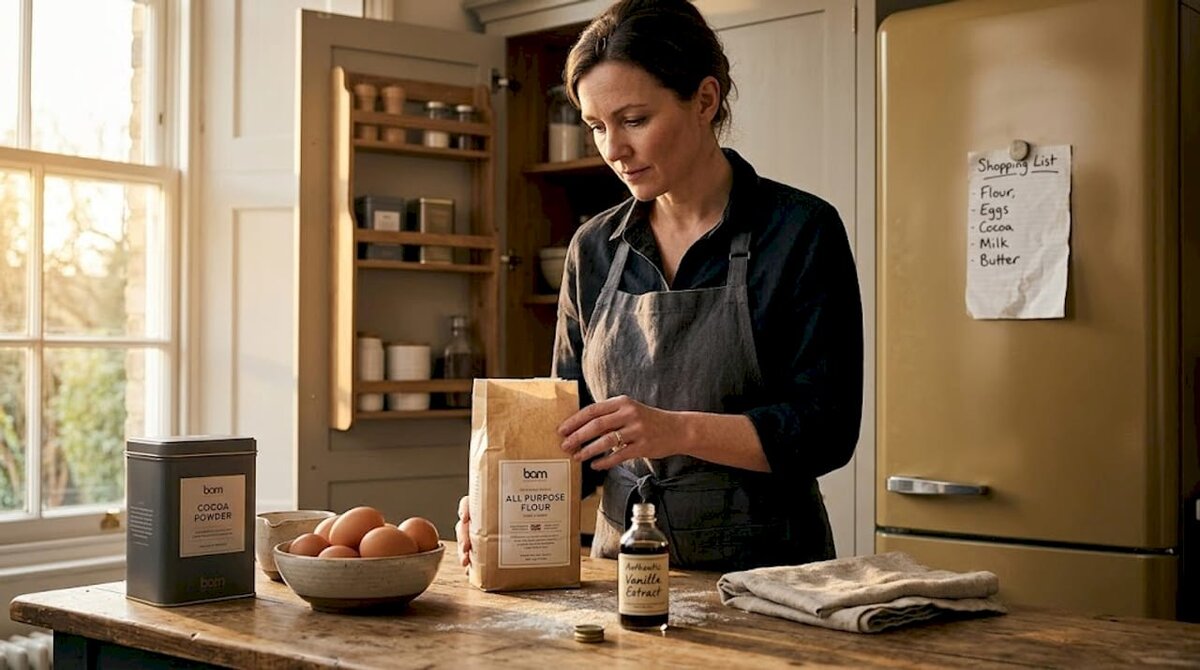 Person reading premium flour label in kitchen