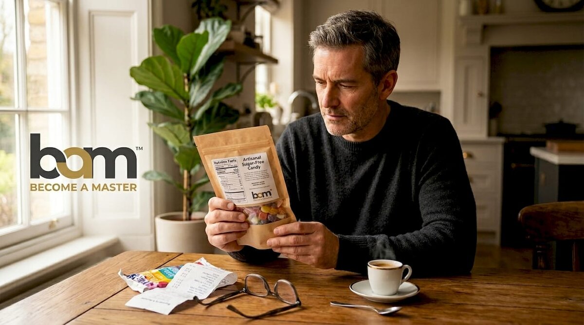 Man reading nutrition label on candy bag