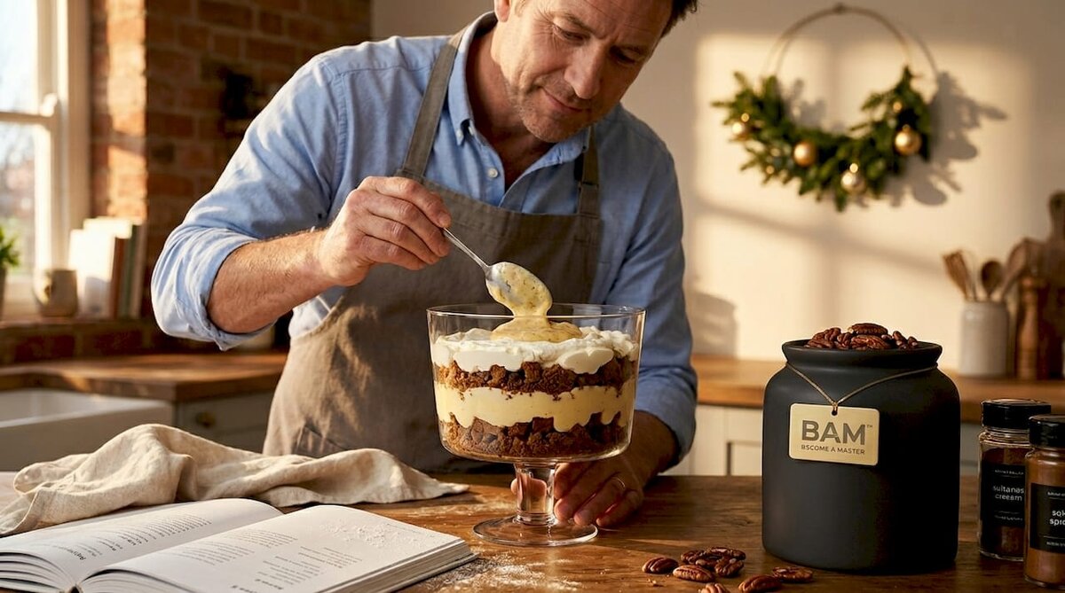 Man assembling gingerbread trifle in home kitchen