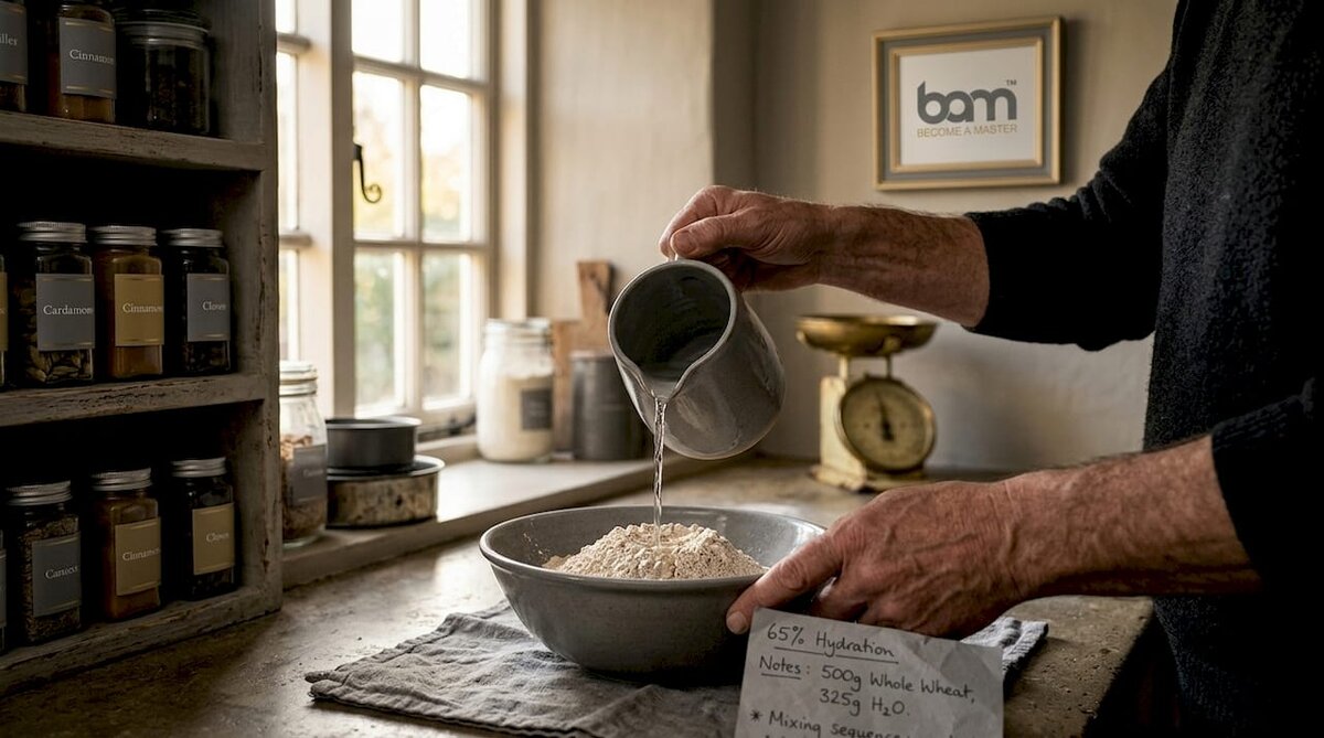 Home baker adjusting sourdough hydration level