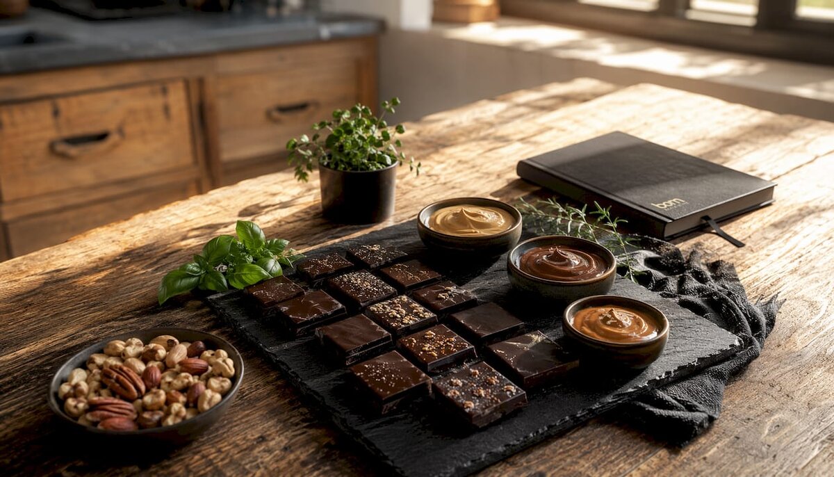 Dark chocolate squares and nut butter close-up