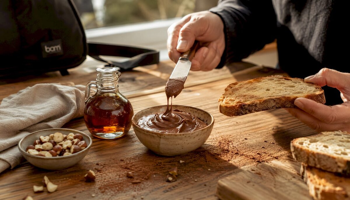Spreading nut butter chocolate on toast top-down
