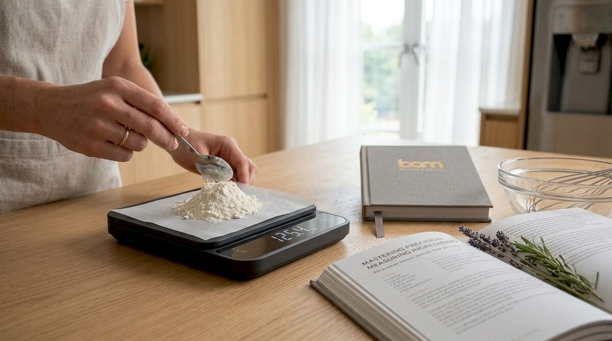 Hands measuring flour for recipe scaling
