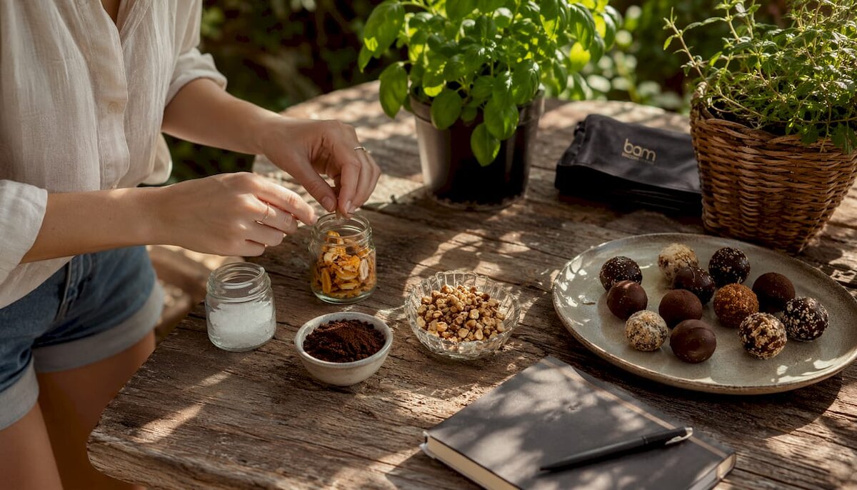 Hands holding jars of chocolate flavor ingredients