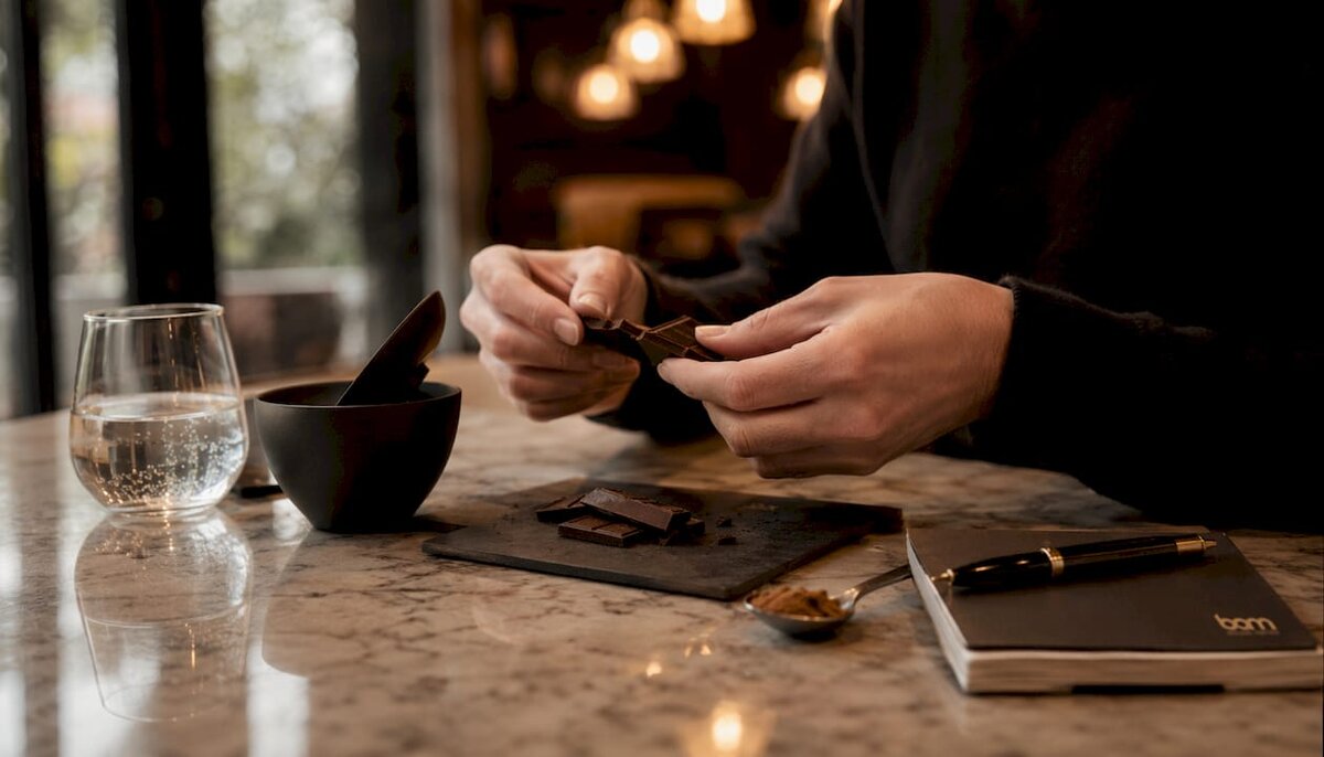 Hands breaking chocolate for sensory evaluation