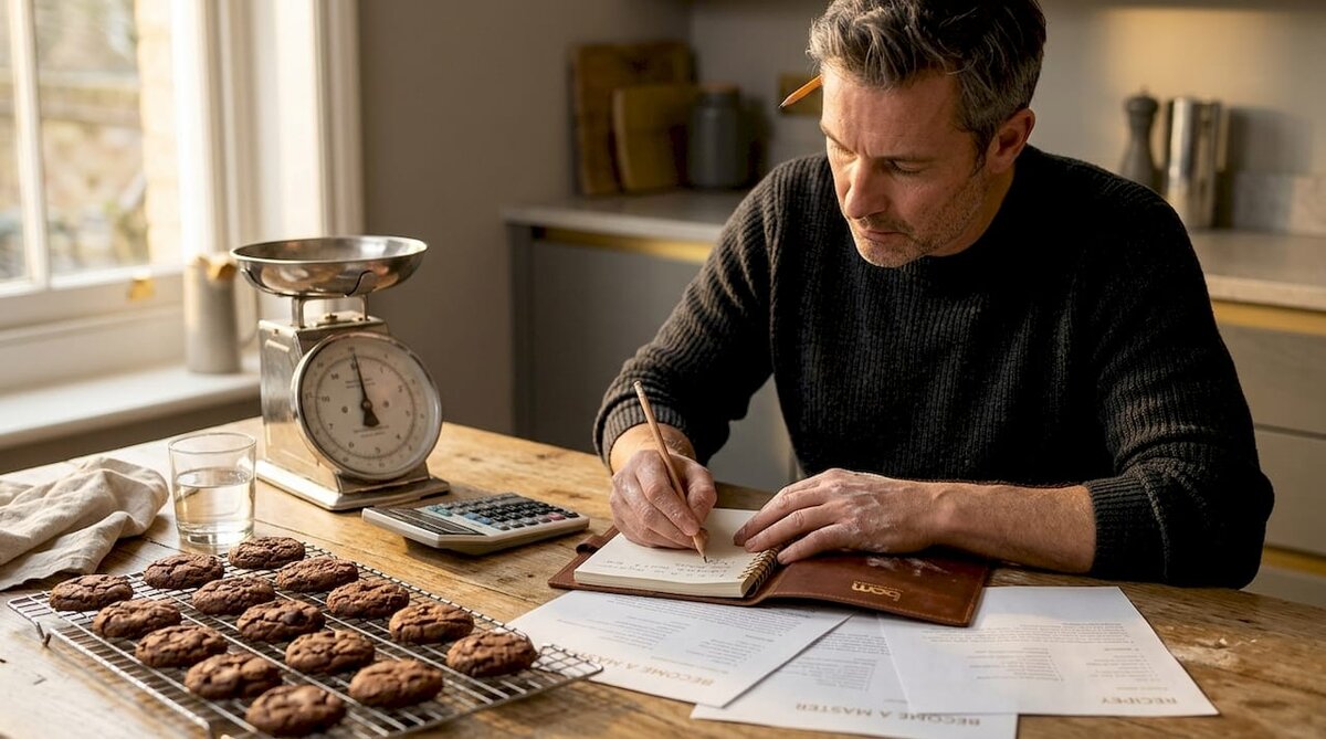 Person scaling baking recipe measurements at table