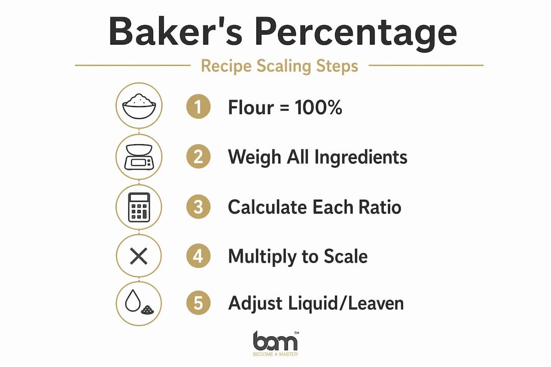Infographic showing baker's percentage scaling steps