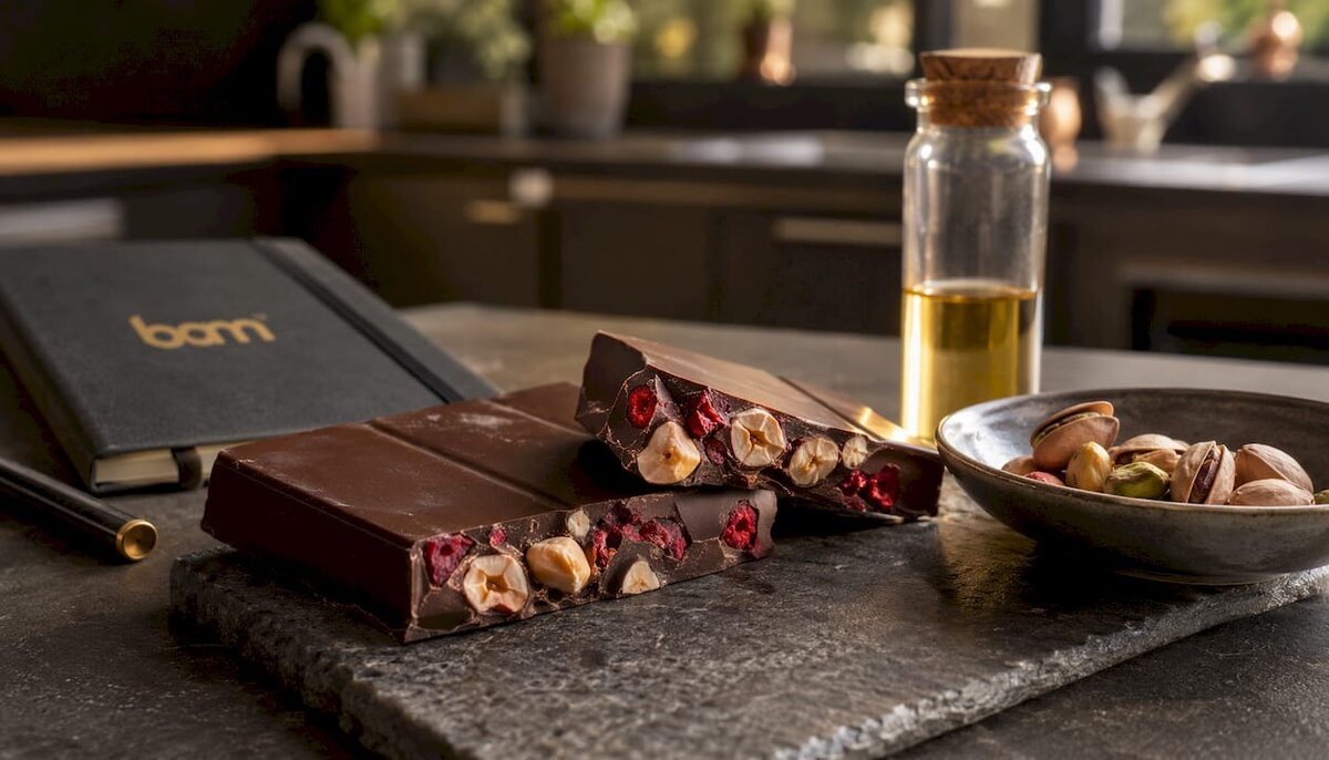 Close-up chocolate bar with nut and fruit inclusions cross section