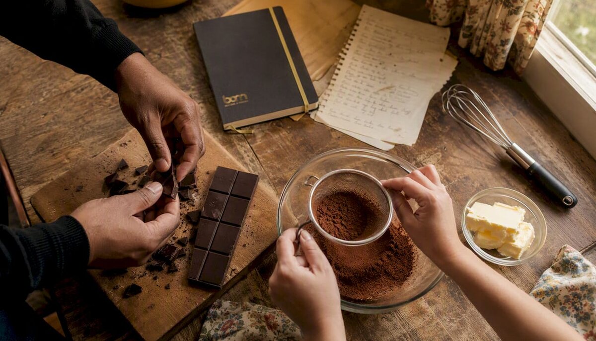 Hands preparing dark chocolate baking ingredients