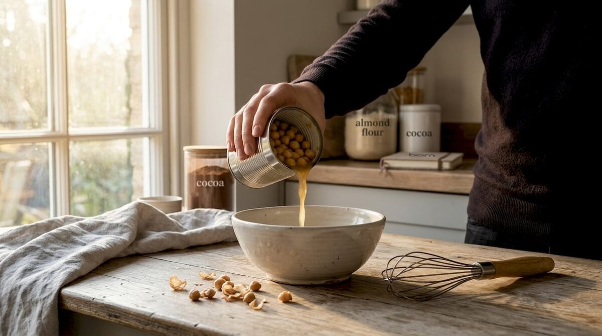 Preparing aquafaba egg substitute in home kitchen