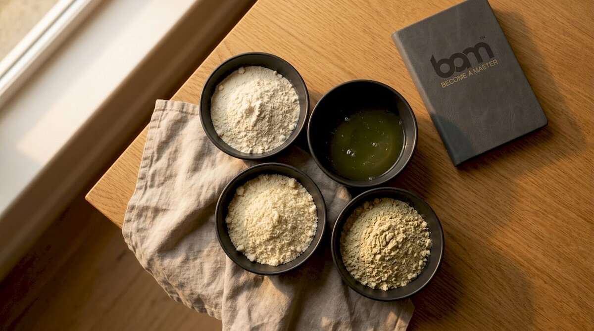 Protein baking mix ingredients in bowls, top view