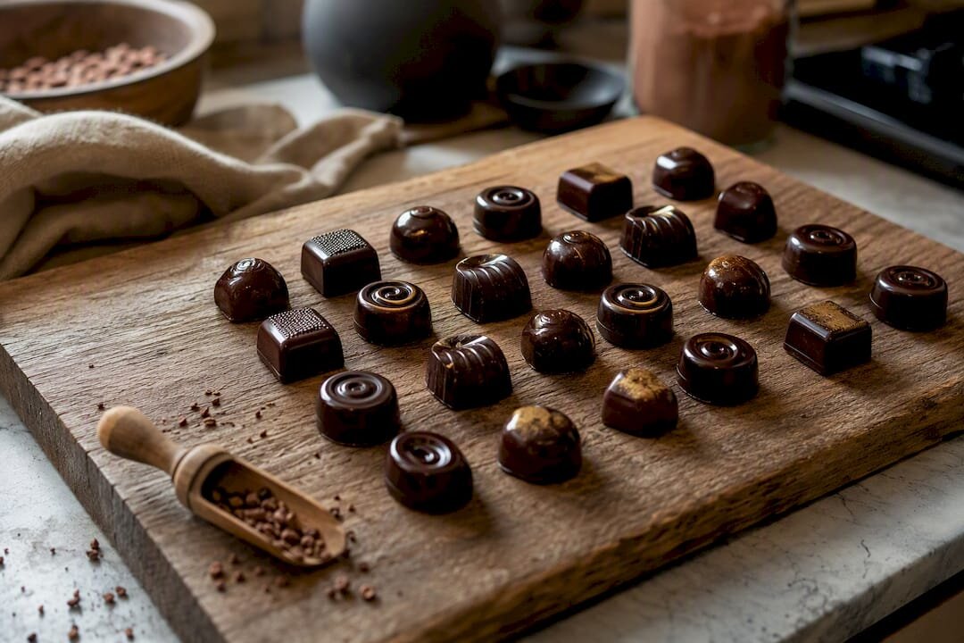 Glossy tempered pralines on wooden board
