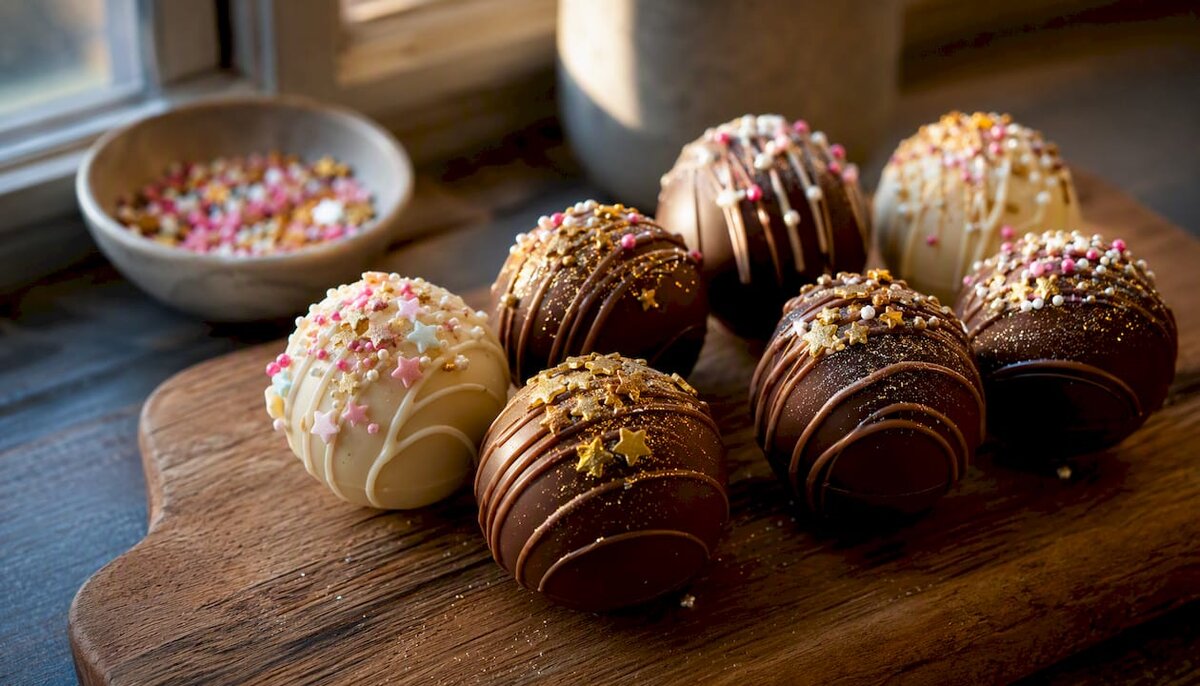 Decorated hot chocolate bombs on rustic plate