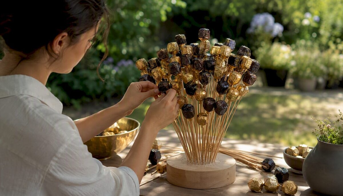 Hand arranging chocolate bouquet on foam base