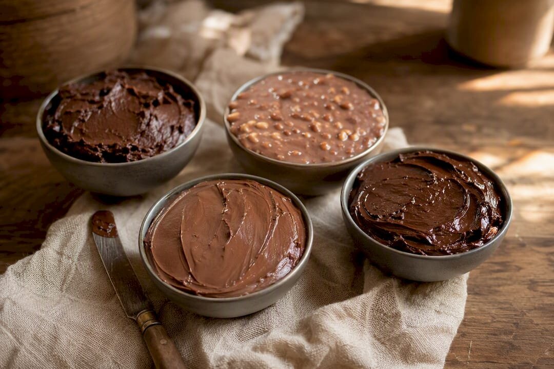 Assorted chocolate spreads in bowls