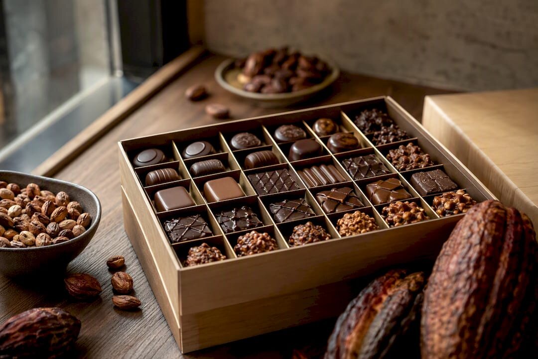 Assorted chocolates arranged by variety