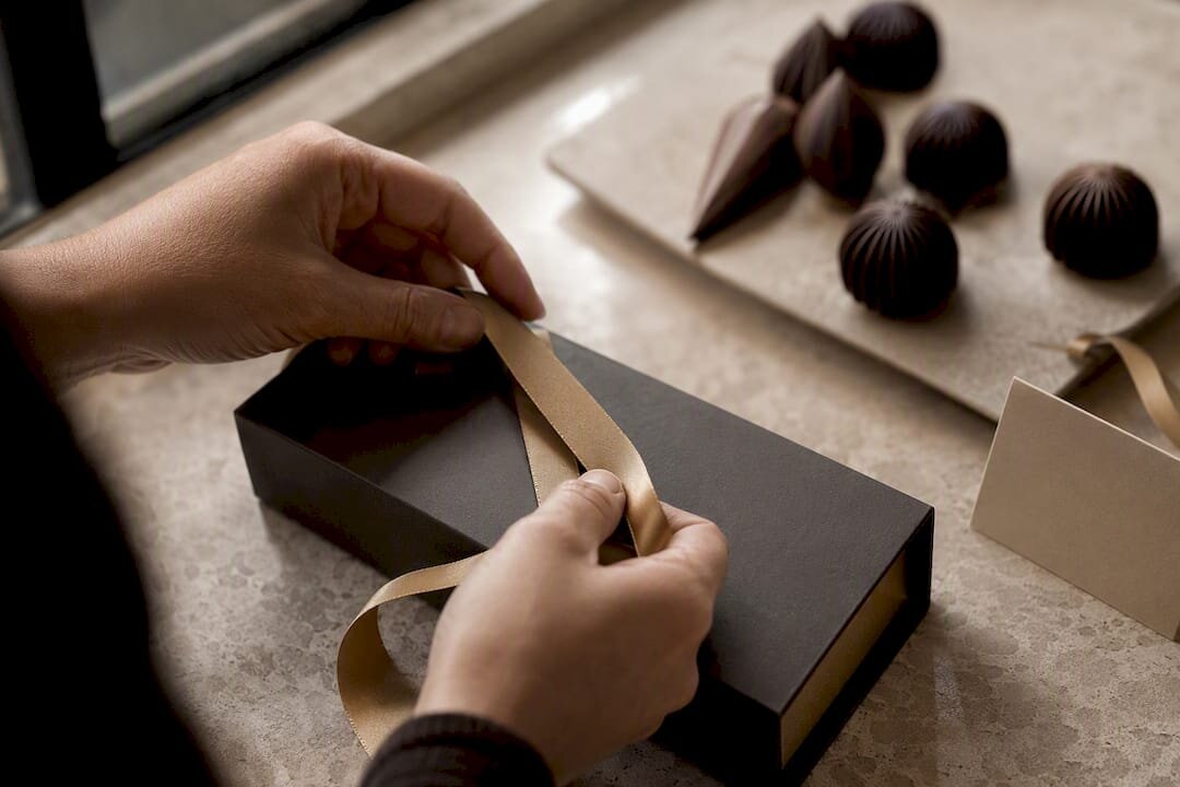 Hands tying ribbon on chocolate gift box