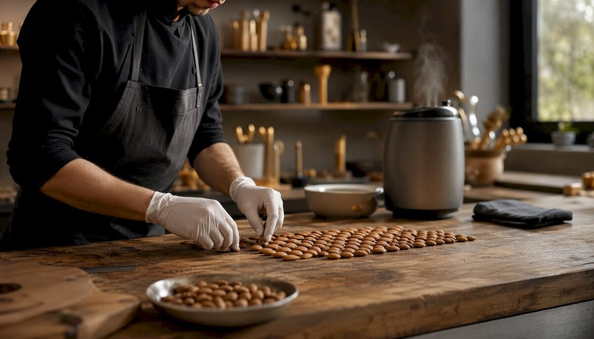 Hands preparing almond centers for chocolate panning