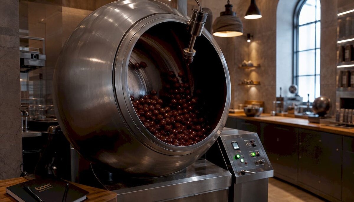 Motorised chocolate panning drum in commercial kitchen