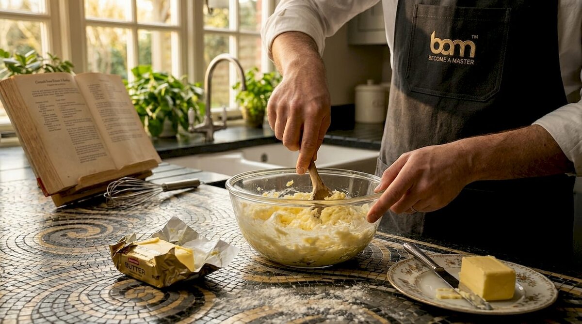 Hands creaming butter and sugar for baking