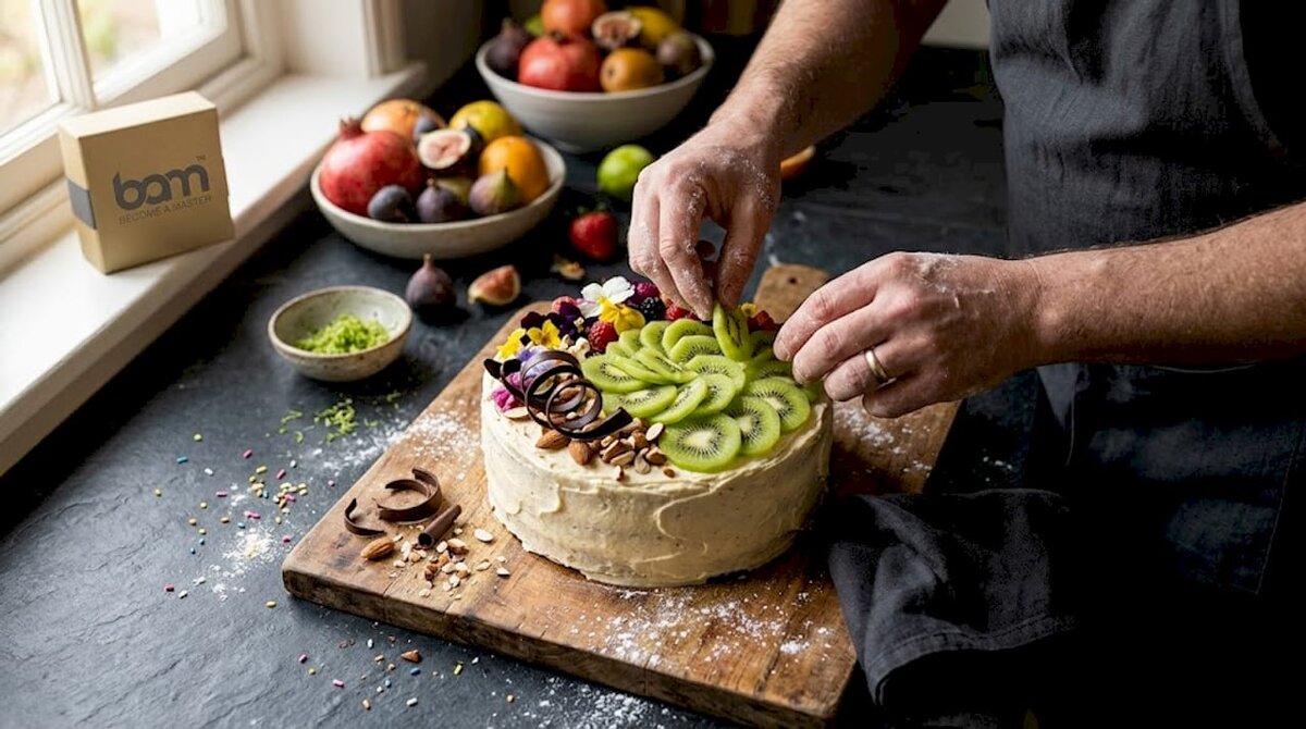Hands arranging fruit and nuts on cake