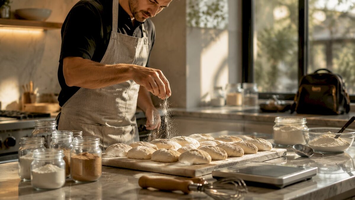 Hands applying dietary fibers to bread dough