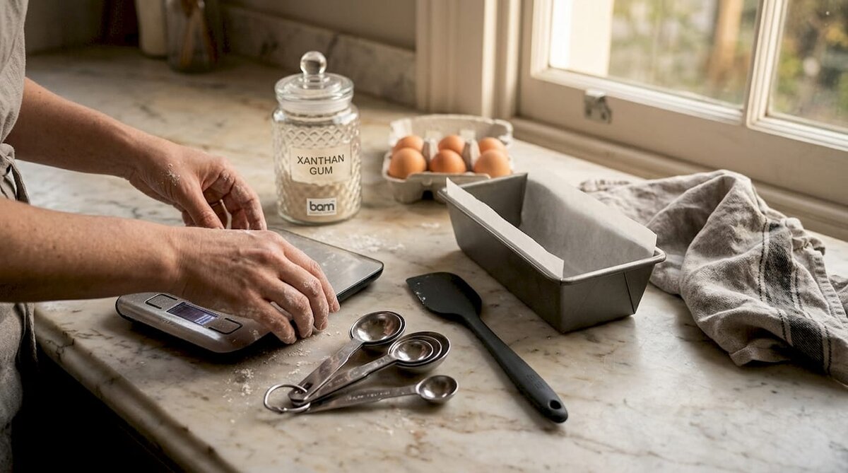 Essential gluten-free baking tools on kitchen table